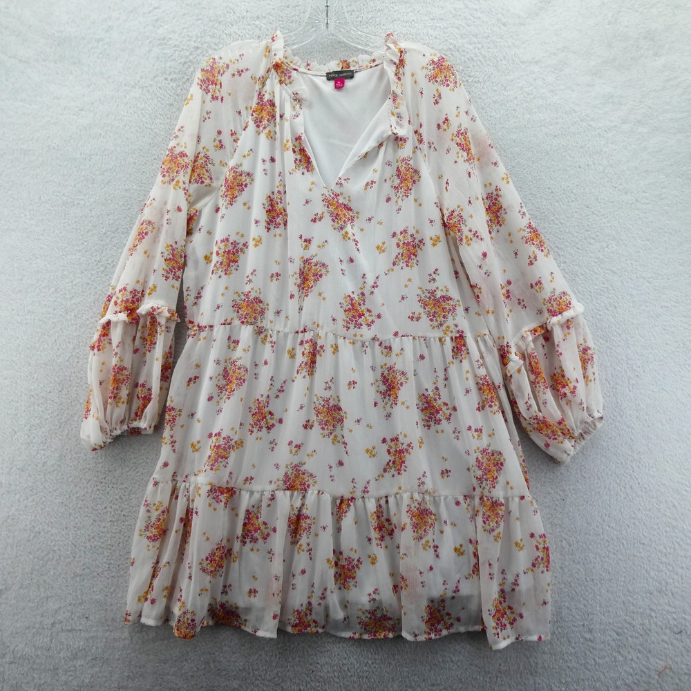 Vince Camuto Dress Womens XL Extra Large Floral Tiered Chiffon Mini White Pink